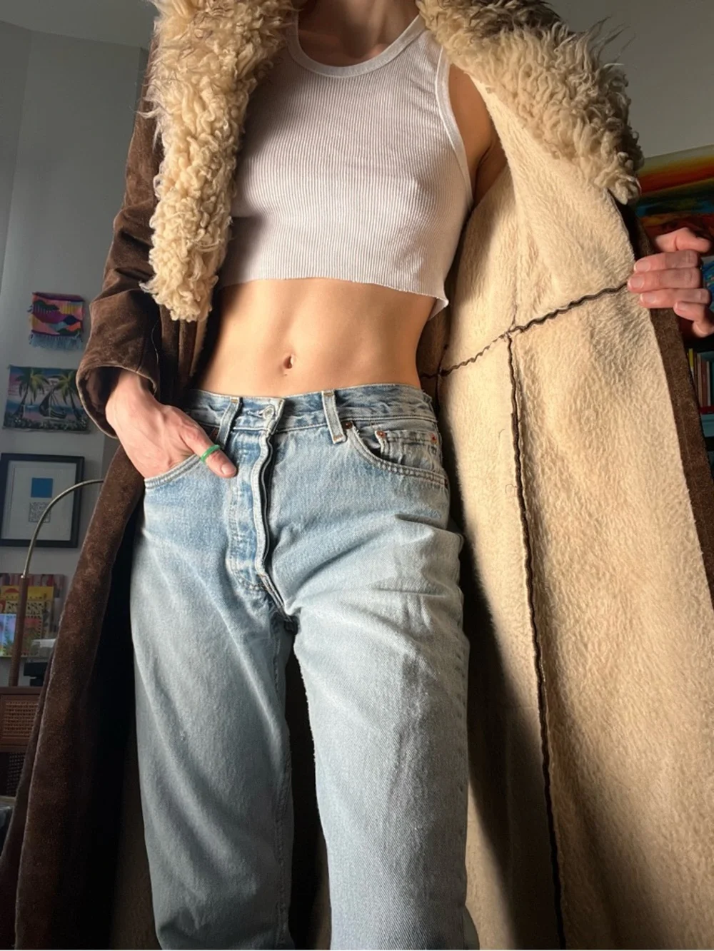 60s Brown Suede Long Trench with Shearling Collar and Fur Lining - Picture 7 of 8